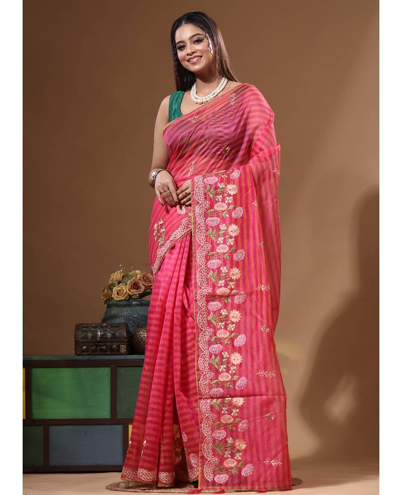 Rani pink supernet with embroidery saree with blouse piece