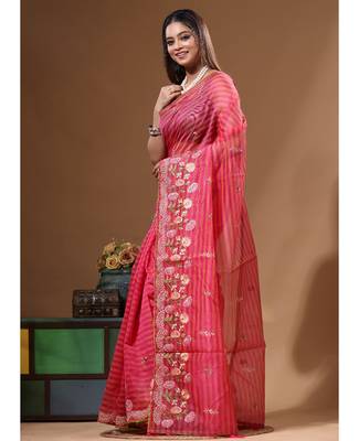 Rani pink supernet with embroidery saree with blouse piece 2