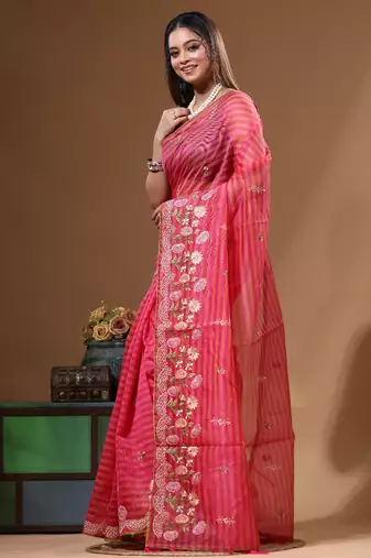 Rani pink supernet with embroidery saree with blouse piece