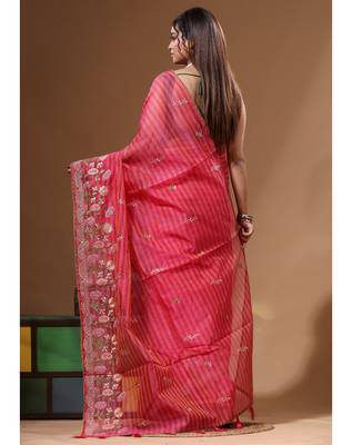 Rani pink supernet with embroidery saree with blouse piece 3