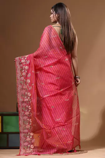 Rani pink supernet with embroidery saree with blouse piece