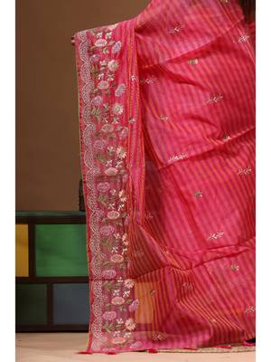 Rani pink supernet with embroidery saree with blouse piece 4