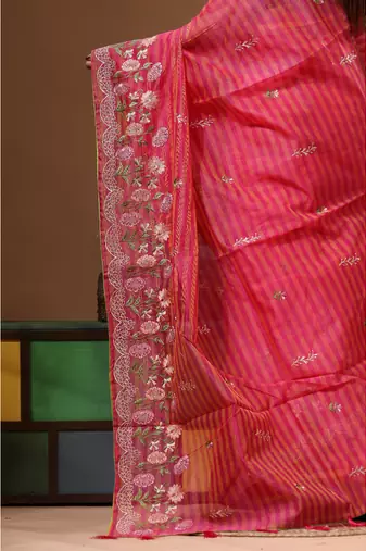Rani pink supernet with embroidery saree with blouse piece