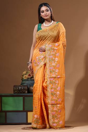 Yellow supernet with embroidery saree with blouse piece