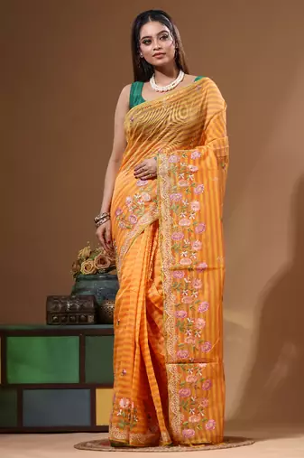 Yellow supernet with embroidery saree with blouse piece