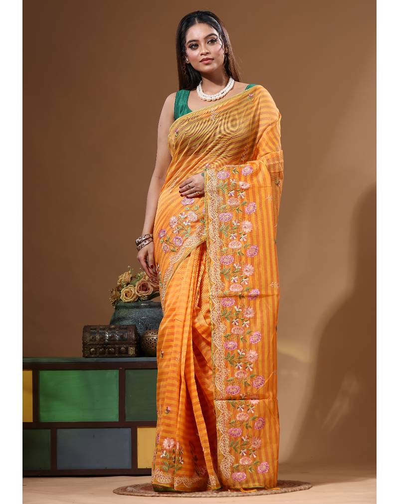 Yellow supernet with embroidery saree with blouse piece