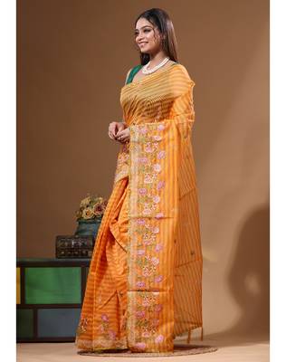 Yellow supernet with embroidery saree with blouse piece 2