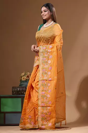 Yellow supernet with embroidery saree with blouse piece