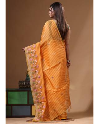 Yellow supernet with embroidery saree with blouse piece 3