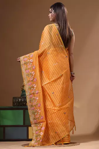 Yellow supernet with embroidery saree with blouse piece