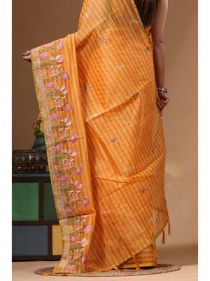 Yellow supernet with embroidery saree with blouse piece 4