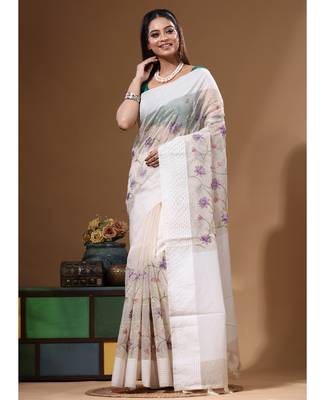 Off-white supernet with embroidery saree with blouse piece 1