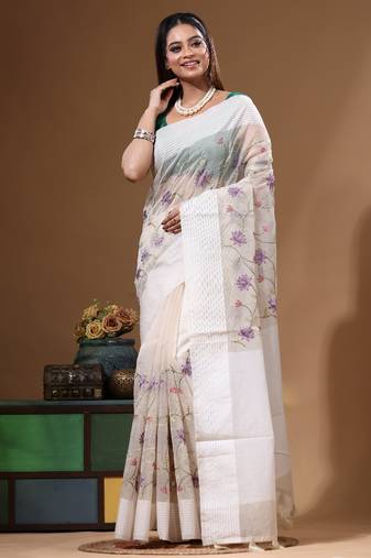 Off-white supernet with embroidery saree with blouse piece