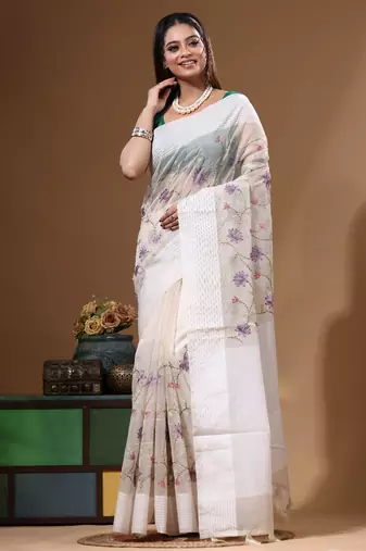 Off-white supernet with embroidery saree with blouse piece