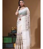 Off-white supernet with embroidery saree with blouse piece