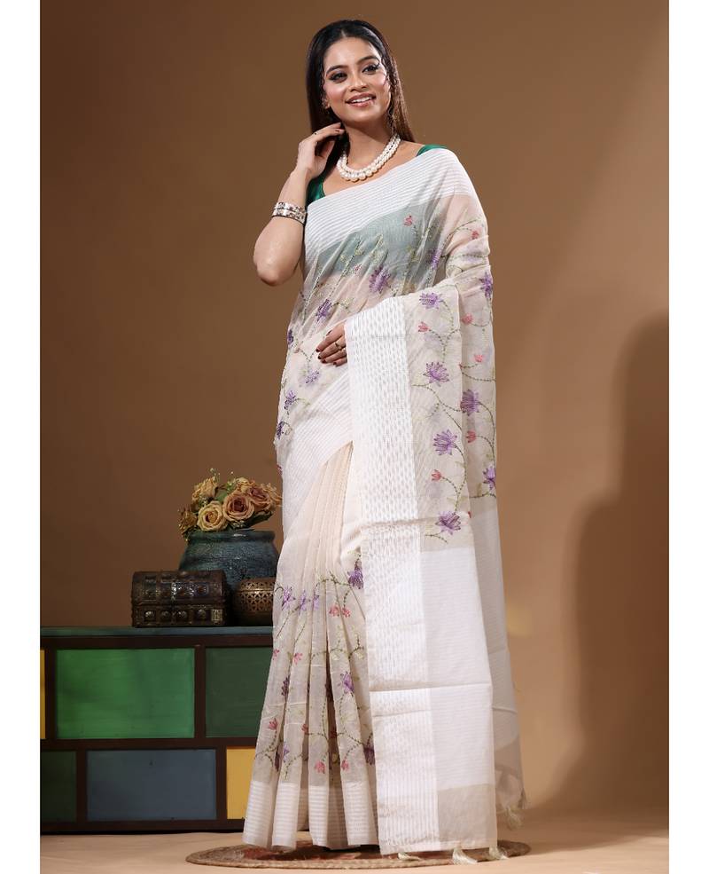 Off-white supernet with embroidery saree with blouse piece