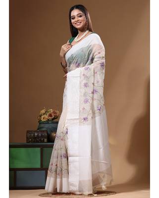 Off-white supernet with embroidery saree with blouse piece 2