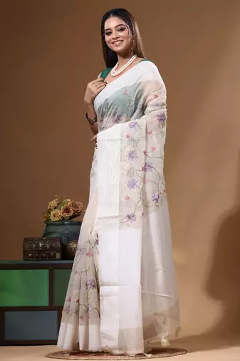Off-white supernet with embroidery saree with blouse piece
