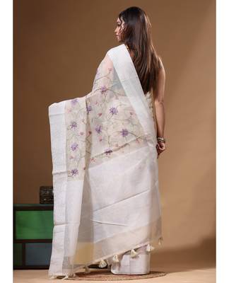 Off-white supernet with embroidery saree with blouse piece 3