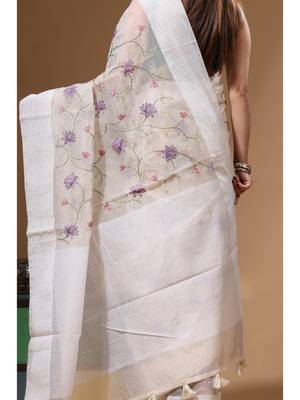 Off-white supernet with embroidery saree with blouse piece 4
