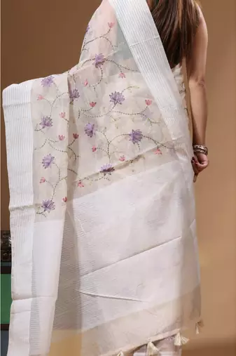 Off-white supernet with embroidery saree with blouse piece