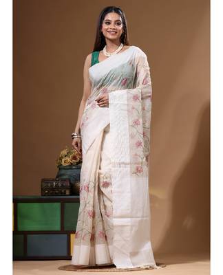 Off-white supernet with embroidery saree with blouse piece 1