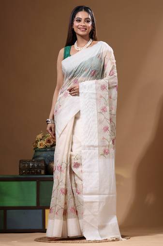 Off-white supernet with embroidery saree with blouse piece