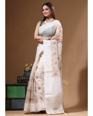 Off-white supernet with embroidery saree with blouse piece 2