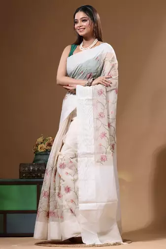 Off-white supernet with embroidery saree with blouse piece