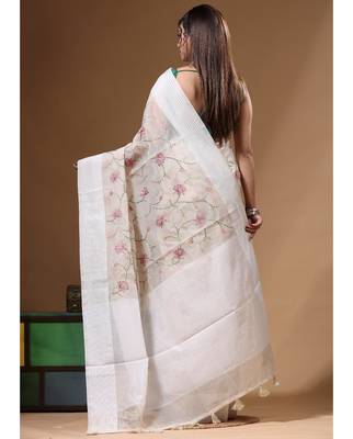 Off-white supernet with embroidery saree with blouse piece 3
