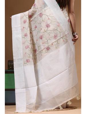 Off-white supernet with embroidery saree with blouse piece 4