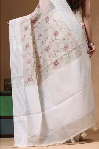 Off-white supernet with embroidery saree with blouse piece