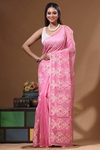Pink supernet with embroidery saree with blouse piece