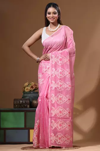 Pink supernet with embroidery saree with blouse piece