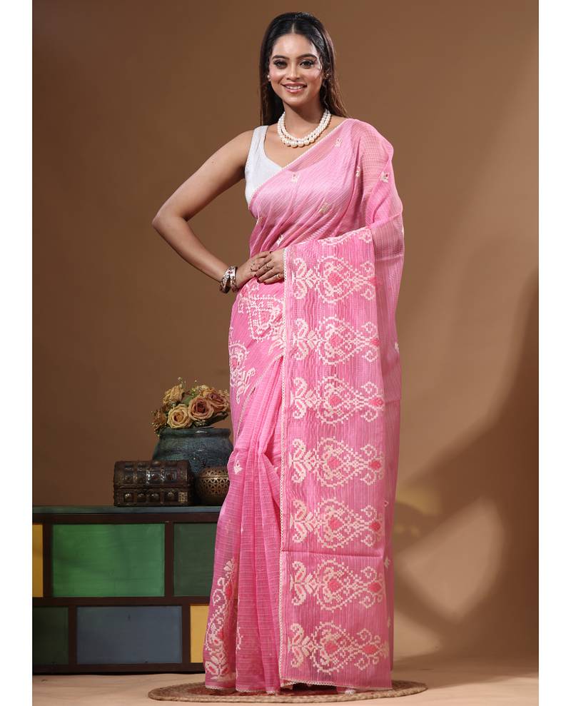 Pink supernet with embroidery saree with blouse piece