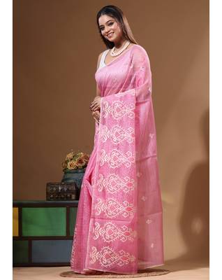 Pink supernet with embroidery saree with blouse piece 2