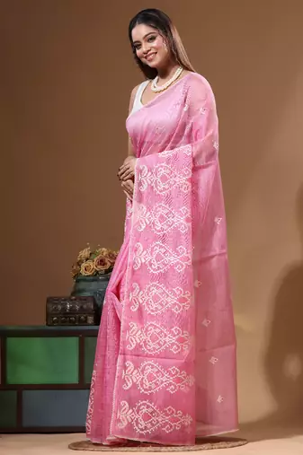 Pink supernet with embroidery saree with blouse piece
