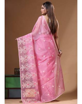Pink supernet with embroidery saree with blouse piece 3