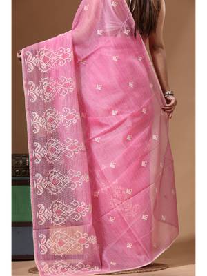 Pink supernet with embroidery saree with blouse piece 4