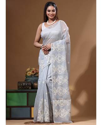 Grey supernet with embroidery saree with blouse piece 1