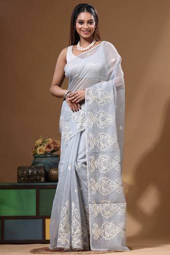 Grey supernet with embroidery saree with blouse piece