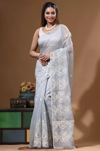 Grey supernet with embroidery saree with blouse piece