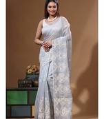 Grey supernet with embroidery saree with blouse piece