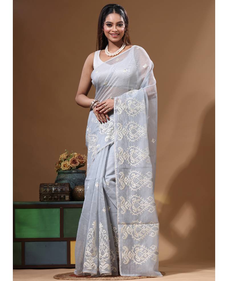 Grey supernet with embroidery saree with blouse piece