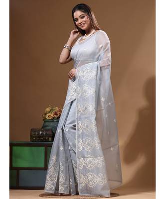 Grey supernet with embroidery saree with blouse piece 2