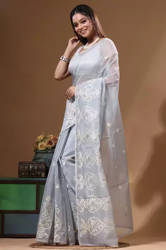 Grey supernet with embroidery saree with blouse piece