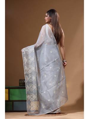 Grey supernet with embroidery saree with blouse piece 3