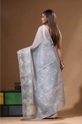 Grey supernet with embroidery saree with blouse piece