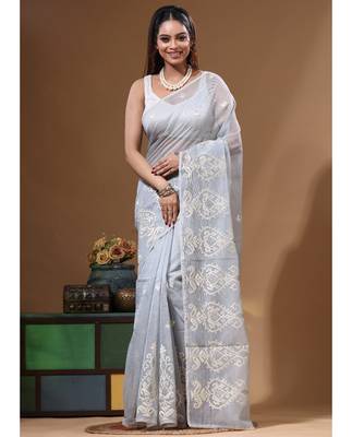 Grey supernet with embroidery saree with blouse piece 4