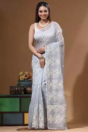 Grey supernet with embroidery saree with blouse piece
